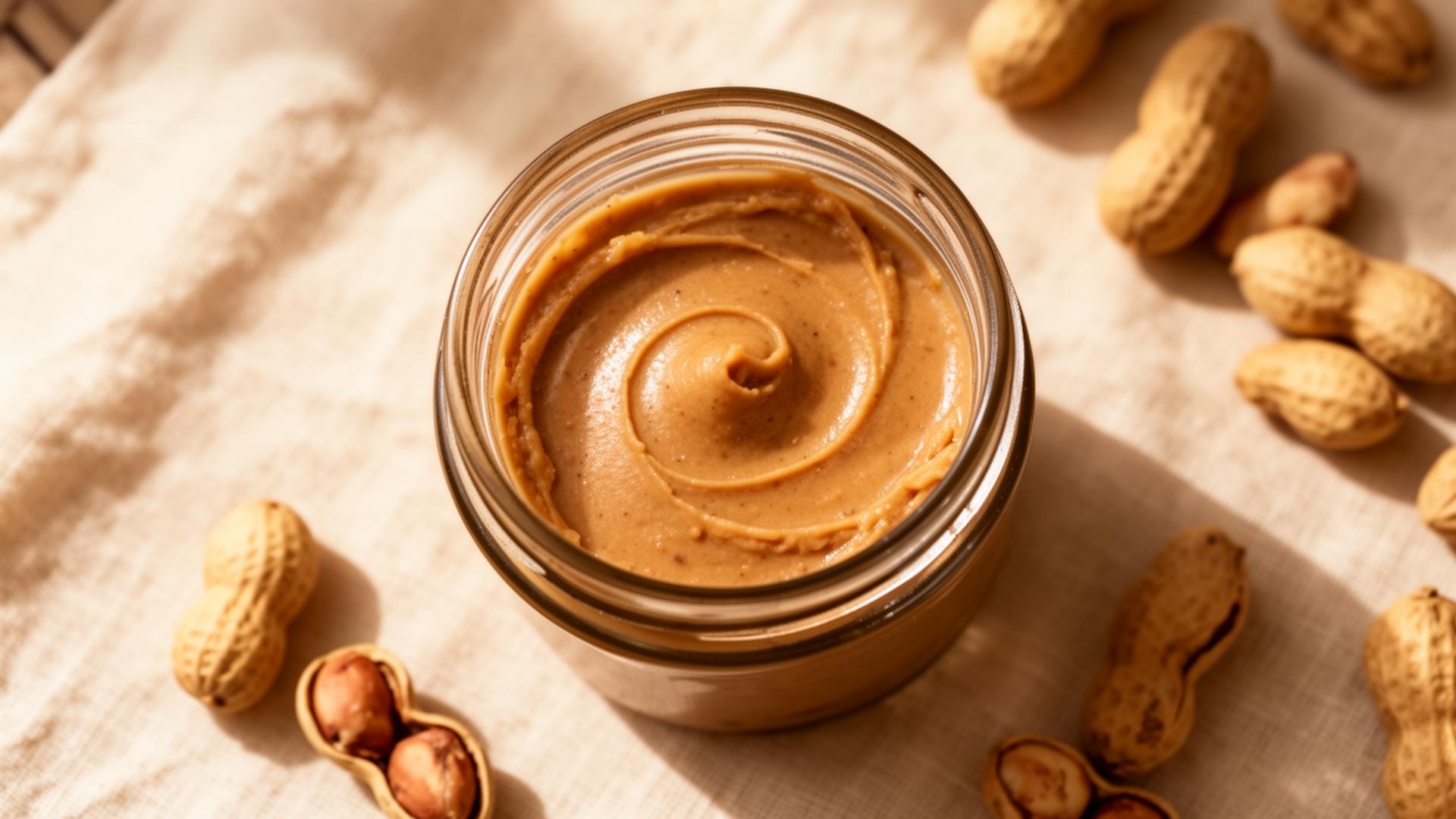 Spoonful of fresh, creamy natural peanut butter